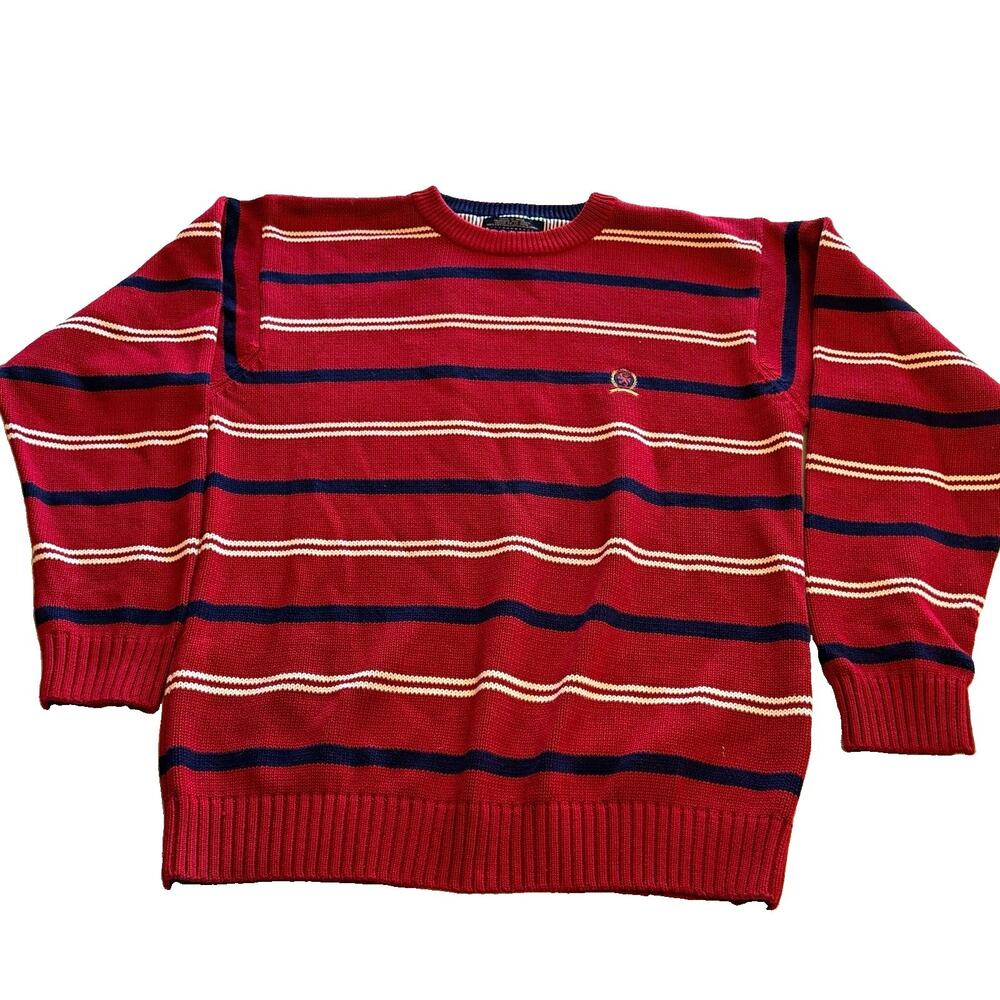 Tommy Hilfiger Vintage Sweater Mens L Red Navy Striped Crest 90s Preppy Cotto